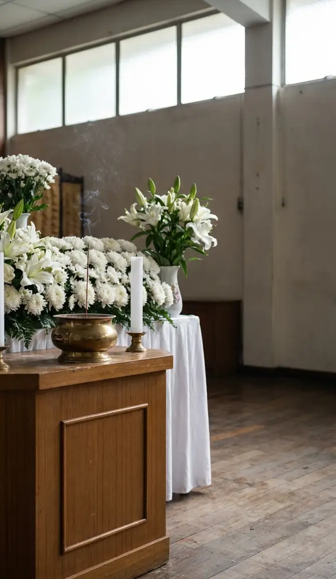A memorial altar with white chrysanthemums, lilies, candles and an incense burner in our Kepong hall