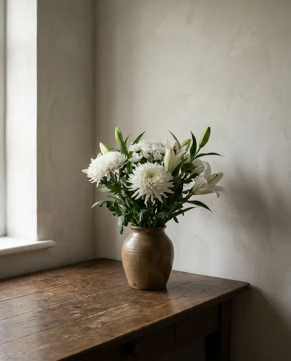 White chrysanthemums and lilies in a simple vase by a window