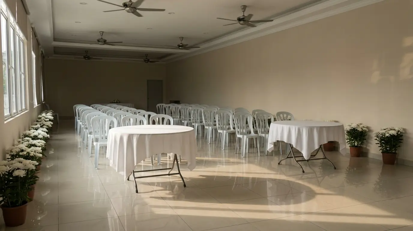 An empty memorial hall prepared before a wake, with rows of chairs and white chrysanthemums